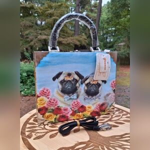 Vintage Anthropomorphic Pug Dogs Wedding Rhinestone Blossom Cigar Box  Satchel